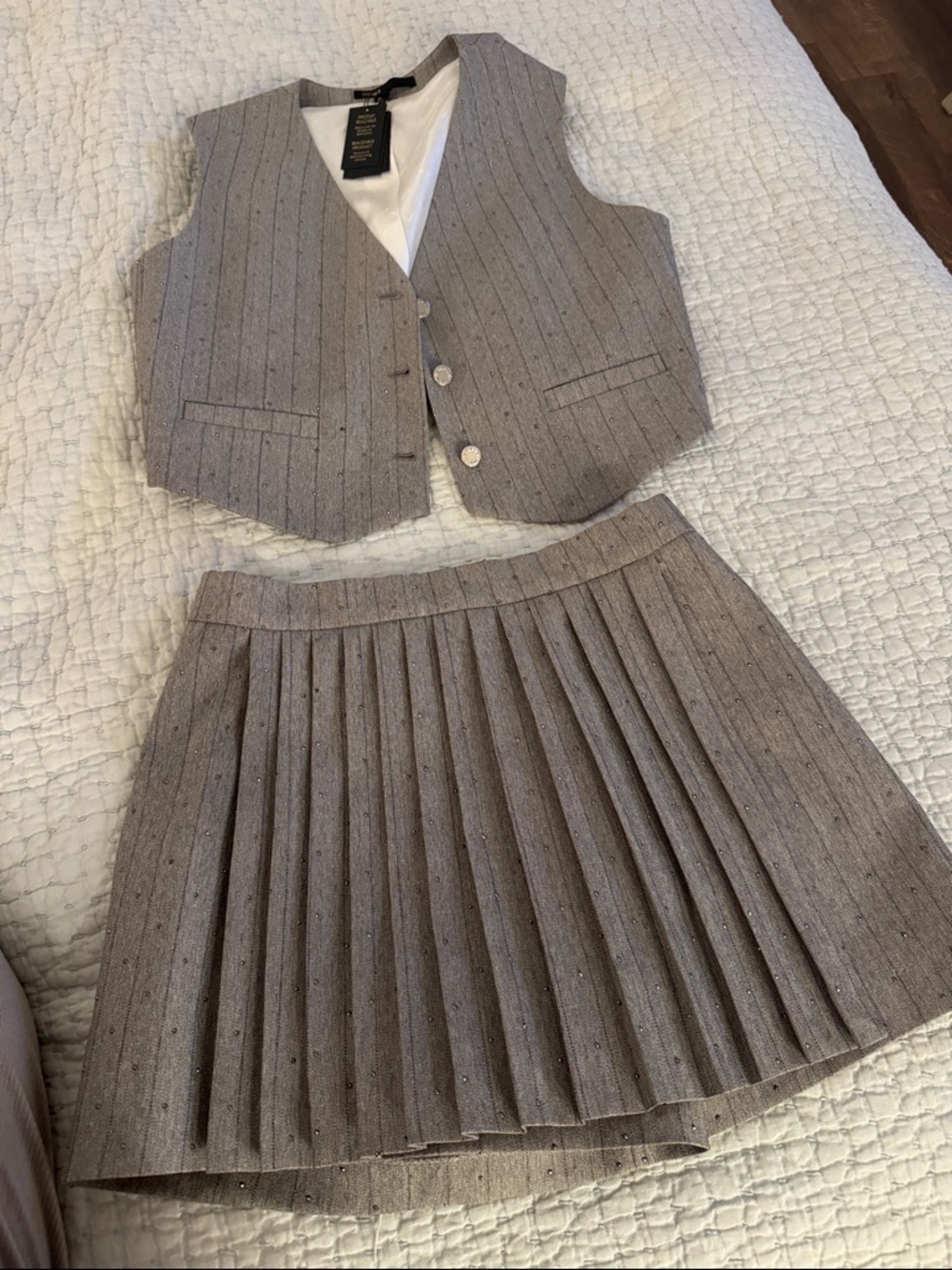 Maje Pleated Mini Skort and Vest Set in Light Gray